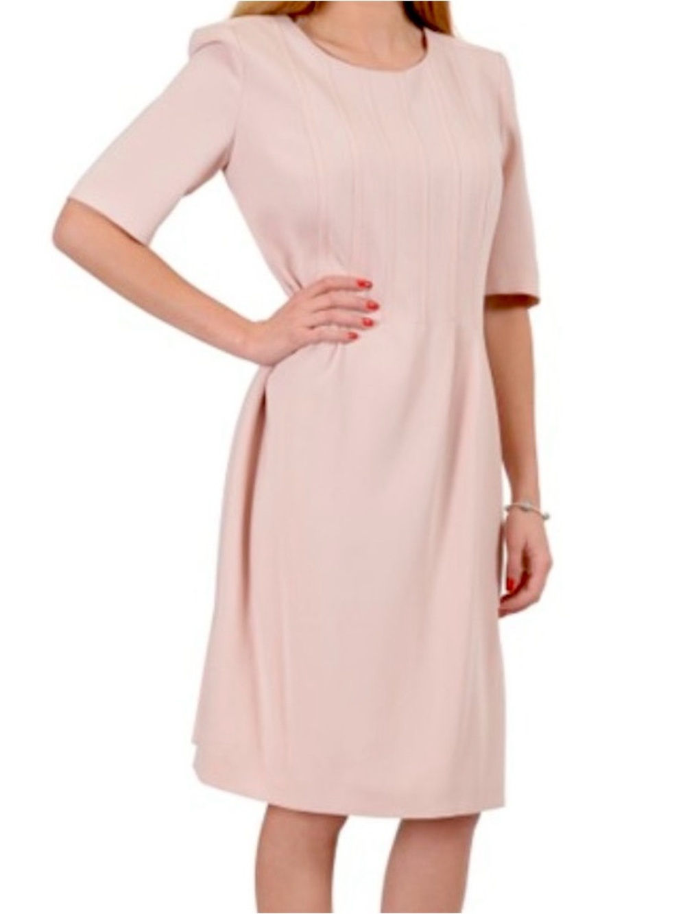 Hugo Boss Digalia Blush Pink Sheath Dress Short Sleeve Pintuck Detail US 8 NWT